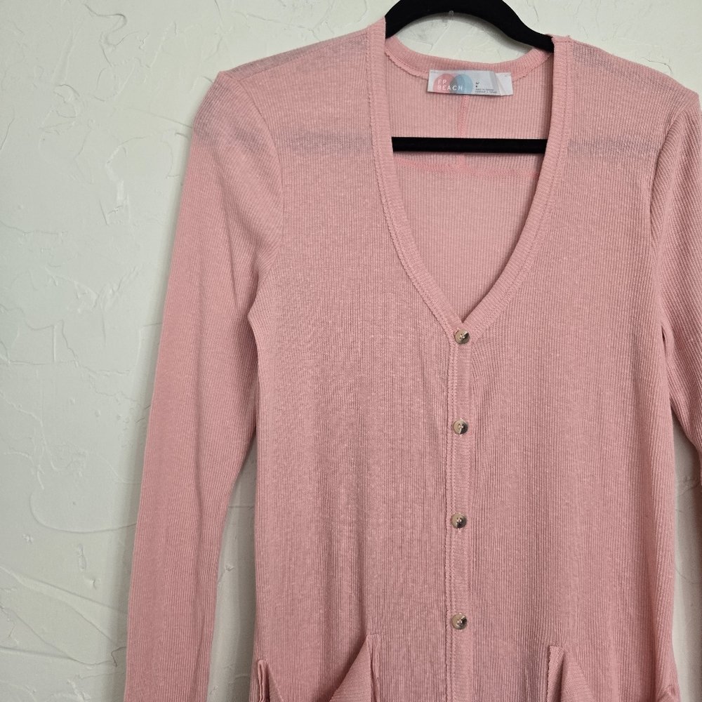 Free People Ribbed Lightweight Button Up Pink Dusted Sweater, L - Picture 5 of 11